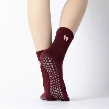 Pilates Professional Female Non-Slip Socks Bows Knee Socks Yoga Socks No Finger Indoor Dedicated Sports Fitness Socks Angla Red Bows Embroidery