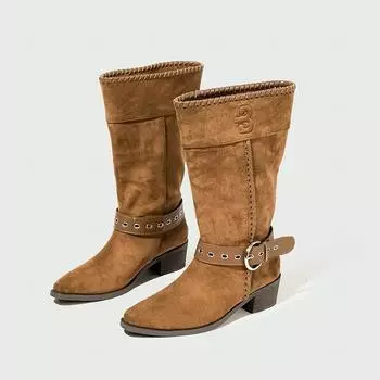 Pile boots women s summer new western cowboy boots retro medium tube knight boots suede pointed short boots 35