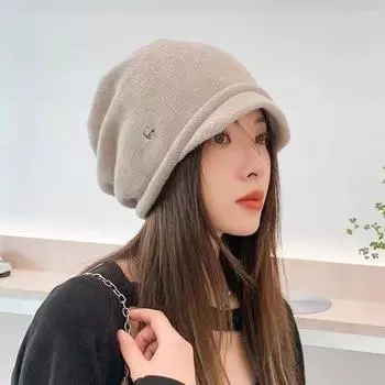 Pile Heap Cap Women s Autumn and Winter Korean Series Warm All-Match Cricket-cap Woolen Cap Earmuff Confinement Cap Big Head Circumference Beanie Hat Beige One size