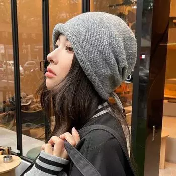 Pile Heap Cap Women s Autumn Winter Japanese Face-Looking Small Closed Toe Beanie Hat Big Head Circumference Drawstring Hemming Knitted Wool Hat Curled stacking cap [Gray]]