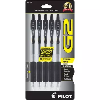 Pilot G2 шариковая ручка с выдвижным стержнем, роскошные гелевые чернила, очень тонкие, упаковка из 5 шт. чёрный