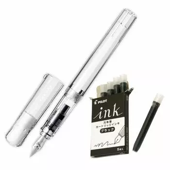 Pilot Kakuno Fine Point Transparent Shaft Fountain Pen with 5 Ink Cartridges Black