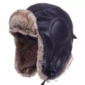 Pilot Russian Cold Ear Fur Pilot Cap Black Leather [Janey&Rubbins] Кепка, Шапка, Защита, Клапаны, Зимняя, Подкладка, Лыжный спорт, Для отдыха на природе, Унисекс, Кепка, (Л, №2)