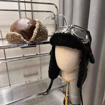 Пилотные шапки для мужчин и женщин, утепленная кожаная ткань для зимы, защита от холода, защита ушей, ветрозащитные очки, шапка Lei Feng M56-58cm чёрный