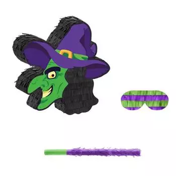 Пиньята Ведьма на Хэллоуин Жуткая пиньята в виде головы ведьмы с палкой и повязкой на глаза для тематических вечеринок и мероприятий на Хэллоуин чёрный