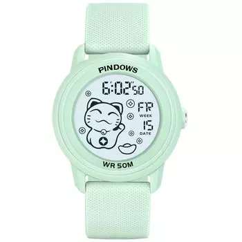 PINDOWS движущийся манящий кот водонепроницаемые цифровые светодиодные часы с календарем и будильником, часы/секундомер зелёный