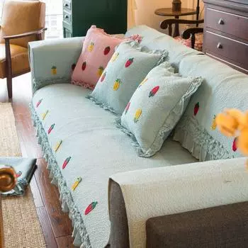 Pineapple Strawberry Fresh Pastoral Style Cotton Sofa Cushion Three-Dimensional Embroider Cute Fabric Cushion All Year Round Neutral Pineapple Strawberry Fairy, Glaze Blue 70 * 70cm