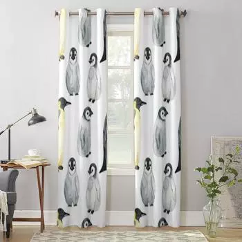 Пингвины в акварельном стиле, занавески для детской комнаты, шторы для дома, шторы для гостиной, спальни, занавески на окна 135W x 60H(cm) x1
