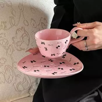 Pink and Black Bow Ceramic Coffee Cup Saucer Set Creative Hand Pinch Ceramic Cup Household Water Cup Tea Cup Breakfast Cup 300ml