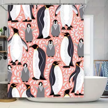 Pink and White Penguin Shower Curtain Set Waterproof Bath Decor for Kids Room 3D Printed Fabric Available in Different Sizes Fas 90x180cm