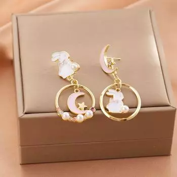 Pink Asymmetric Mosquito Coil Ear Clip Moon Rabbit [1161] asymmetric star and moon ear acupuncture