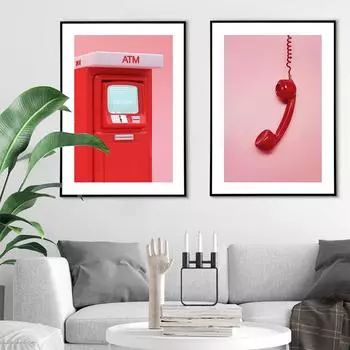 Pink ATM Poster Retro Telephone Receiver Print Cash Machine Canvas Painting Nordic Wall Picture Living Room Bedroom Home Decor 21x30cm No Framed