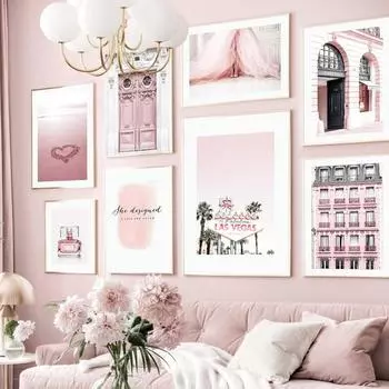 Pink Beach Fashion Dress Girl Perfume Wall Art Canvas Painting, Nordic Posters and Prints, Pictures for Living Room Decor 21x30cm No Framed