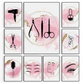 Pink Beauty Salon Tools Hair Stylist Nail Minimalist Poster Cosmetology Canvas Paintings Wall Art Picture Barbershop Home Decor 21cm30cm NoFrame