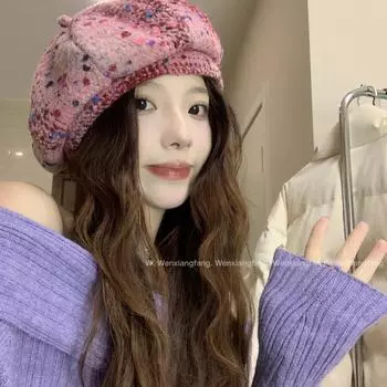 Pink beret female autumn and winter retro face small versatile bud painter hat christmas big head hat M56-58cm красный