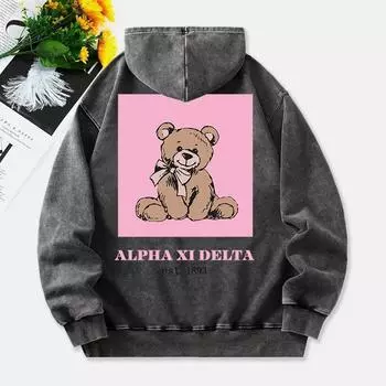 Pink Bow Bear Washed Hoodies Womens Cartoons Printed Cotton Streetwears Warm Pocket Oversize Pullover Clothes M