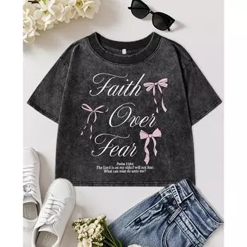 Pink Bow Faith Over Fear Print Washed Crop T-Shirt Women Summer T Shirts Cotton Slim Short Sleeve O-Neck T Shirt M