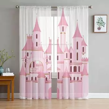 Pink Cartoon Castle White Chiffon Sheer Curtains for Living Room Bedroom Home Decoration Window Voiles Tulle Drapes Curtain W135 x H115cm x1&Rod Pocket