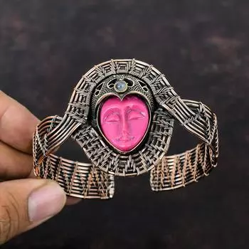 Pink Carved Bone Face Bangle Copper Wire Wrapped Gemstone Cuff Bracelet Handmade Jewelry Adjustable Bangle Rainbow Moonstone Bangle For Gift