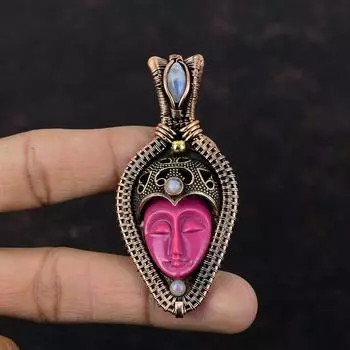 Розовый резной костяной кулон с лицом, обернутый медной проволокой, кулон ручной работы, лунный камень, драгоценный камень, кулон с медной проволокой, подарок для жены