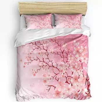 Pink Cherry Blossom Flowers Butterfly Bedding Set 3pcs Duvet Cover Pillowcase Kids Adult Quilt Cover Double Bed Set Home Textile EU single(135x200cm)