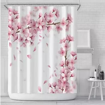 Pink Cherry Blossom Peach Blossoms Shower Curtain Set Flowers White Background Girl Bathroom Polyester Cloth Screen 12 With Hook 90x180cm-35x70in