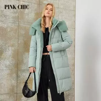 PINK CHIC 2023 Новое зимнее пальто женские пуховики высокого качества с меховым воротником теплая длинная версия парка женская W6607 S светло-зеленый