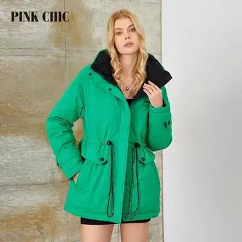 PINK CHIC 2023 Новое зимнее пальто женские пуховики модные красочные теплые на шнуровке с капюшоном короткая версия парка женская W6566M M фиолетовый