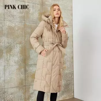 PINK CHIC 2023 Новое зимнее пальто женские пуховики модные классические теплые длинные женские куртки на шнуровке с капюшоном повседневная парка женская W6629 M бежевый