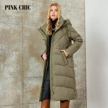 PINK CHIC 2023 новые зимние женские пуховики модные классические теплые длинная версия парка с капюшоном и штриховкой женское пальто W6570 S темно-коричневого