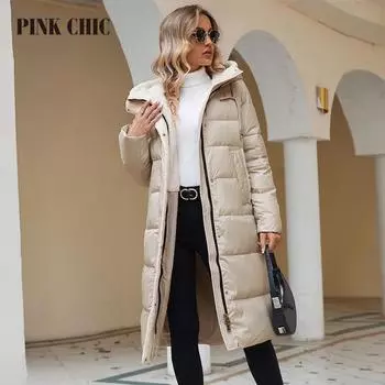 PINK CHIC 2023 зимнее пальто для женщин, пуховики, модная женская парка с толстой подкладкой, теплая длинная женская парка с меховым воротником и капюшоном 8268 L чёрный