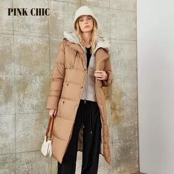 PINK CHIC 2023 зимнее пальто женские пуховики модные классические теплые длинные женские куртки с капюшоном искусственная парка из двух предметов одежды женская W8265 S чёрный