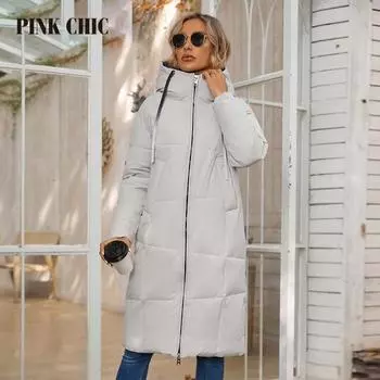 PINK CHIC 2023 зимнее пальто женские пуховики модные классические теплые на шнуровке с капюшоном длинная женская повседневная парка женская 8236 M чёрный