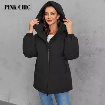 PINK CHIC 2024 Новая женская зимняя короткая куртка Зимнее толстое хлопковое пальто с капюшоном Женское свободное пуховое пальто W9073 XXL чёрный