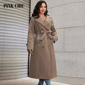 PINK CHIC 2024 Весенне-осенний женский плащ Женский плащ с капюшоном Двубортный модный повседневный пиджак Новое пальто PC6310 L хаки