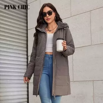 PINK CHIC, весна 2024, женская парка, свободный пуховик, женская верхняя одежда с капюшоном, модная стеганая верхняя одежда S3019 M чёрный