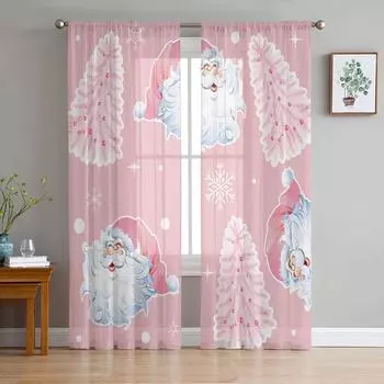 Pink Christmas Tree Snowflake Santa Claus Tulle Curtains for Living Room Bedroom Decor Chiffon Sheer Voile Kitchen Window Drapes W135 x H114cm