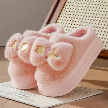 Pink clog slippers with fur slides women s indoor kawaii bowknot mules woman winter 6 cm platform fluffy home slippers ladies 36-37 зелёный