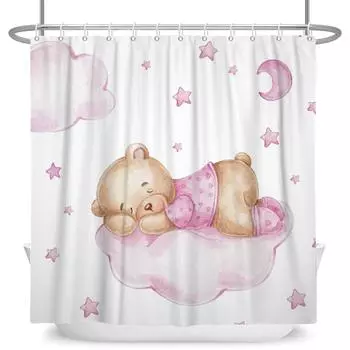 Pink Cloud Cartoon Bear Shower Curtains Girl Bathroom Bathtub Decoration Waterproof Bath Curtain Home Decor with Hooks 90x180cm