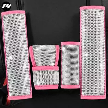 Pink Crystal Car Handbrake Grips Cover Car Gear Shift Knob Cover Seat Belt Cover Pad Bling Car Accessories Interior for Woman белый