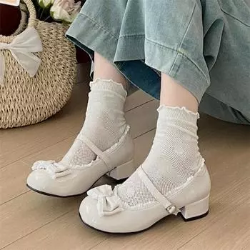 Pink Cute Ballet Shoes Women sweet Bowtie Lolita shoes Round Toe Chunky Heel Mary Jane Shoes Ladies Elegant Shallow Sandals 4.5