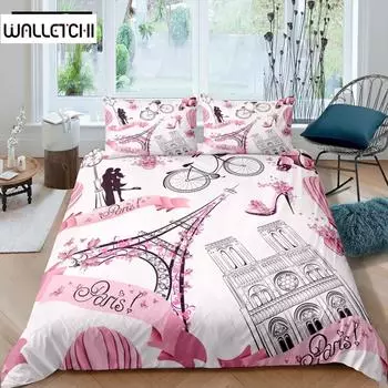 Pink Eiffel Tower Bedding Set Paris Fashoin 3D Print Comforter Luxury Queen King Single Size Duvet Cover Set Home Textile Decor EU single(135x200cm)