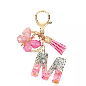 Pink Epoxy Letter Keychain with Sequin Butterfly & Tassel Charm