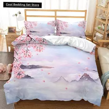 Pink Floral Duvet Cover Japanese Cherry Blossoms Theme Bedding Set Spring Romantic Quilt Cover For Girl Microfiber Bedspread EU single(135x200cm)