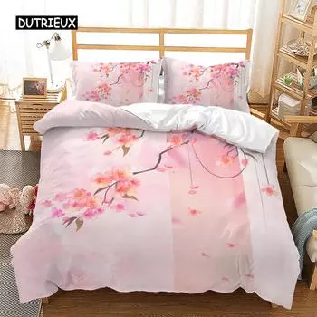 Pink Floral Duvet Cover Japanese Cherry Blossoms Japanese Style Theme Bedding Set Spring Landscape Quilt Cover for Girl Decor EU single(135x200cm)
