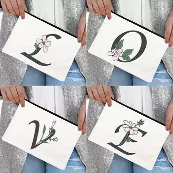Pink Flower Alphabet A-Z Canvas Zipper Cosmetic Bag Green Plants Cartoon Print Makeup Bag Outdoor Travel Toiletries Storage Bags