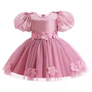 Розовые цветы для первого дня рождения девочки платья свадебное платье для малышей бант платье принцессы для ребенка рукава-фонарика костюм подружки невесты 6-9M розовый