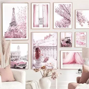 Pink Flower Balcony Tower Canvas Painting, Paris Wall Art Print, Car, BicycleCanvas, Umbrella, Nordic Poster, Picture, Living Ro 21x30cm No Framed
