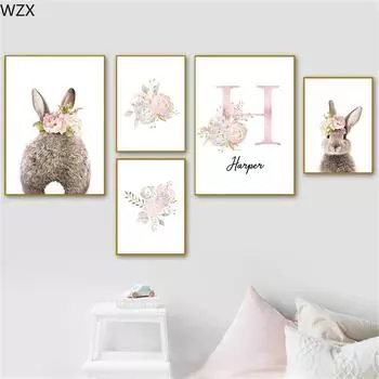 Pink Flower Canvas Art Print Baby Girls Custom Name Posters Bunny Tail Rabbit Nursery Wall Art Pictures Kids Room DecorPainting 21x30cm No Framed