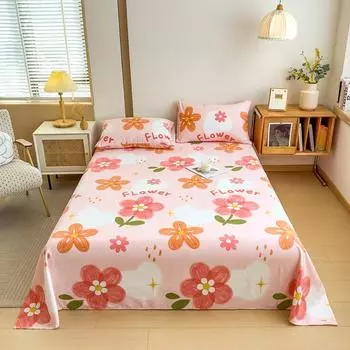 Pink Flowers Bed Sheet Set High Quality Cotton Soft Flat Sheet with Pillowcases Colorful Bright Vibrant Queen Size Bedding Set 160x230cm 3Pcs